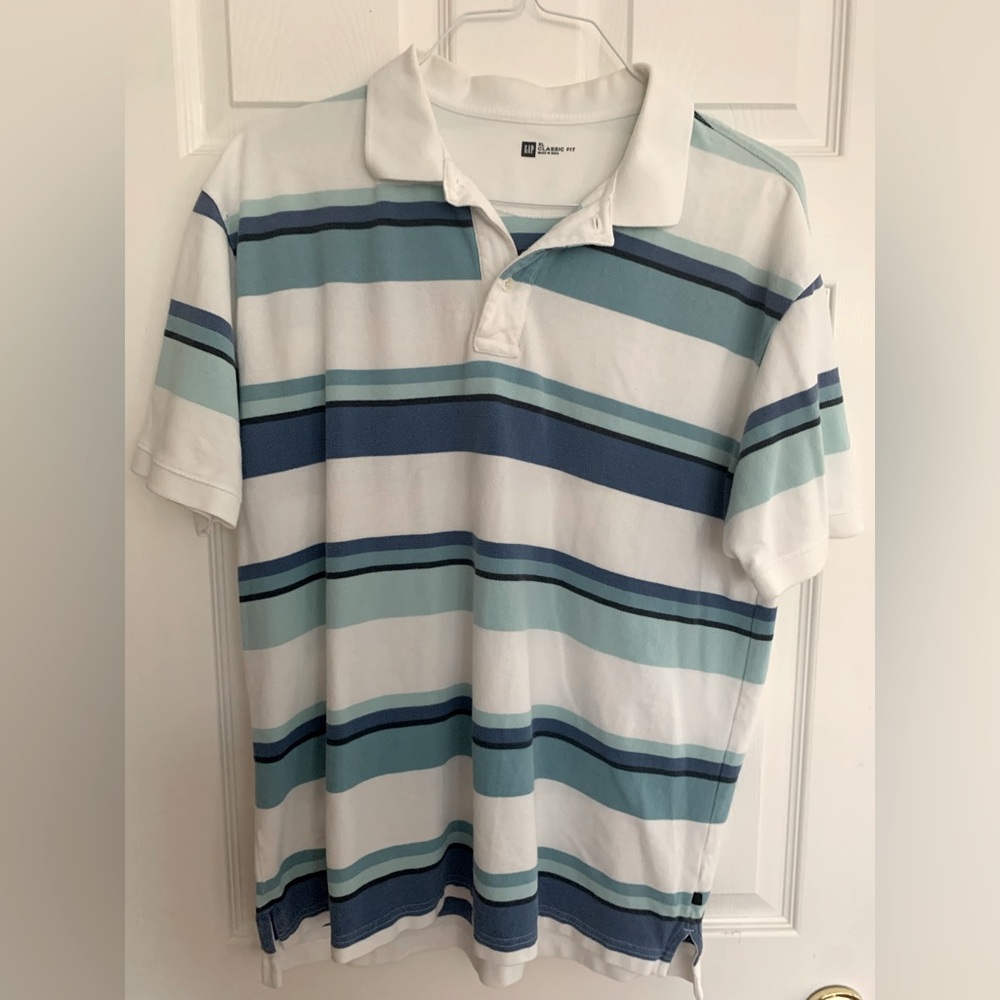 GAP Polo: White Cotton  w/Blue Stripes, Short Sleeve, XL